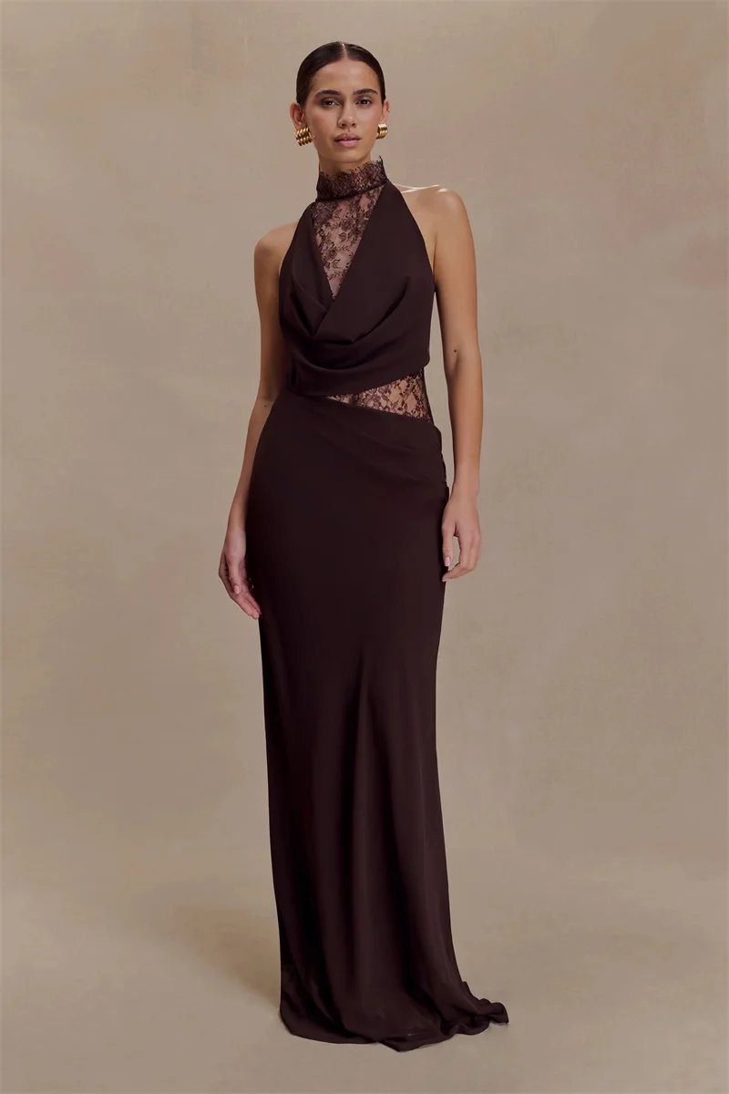 Victoria's Vogue Lace Hollow Out Backless Sexy Maxi Dress Women Gown Elegant Sleeveless High Waist Ruched Bodycon Club Party Long Dress