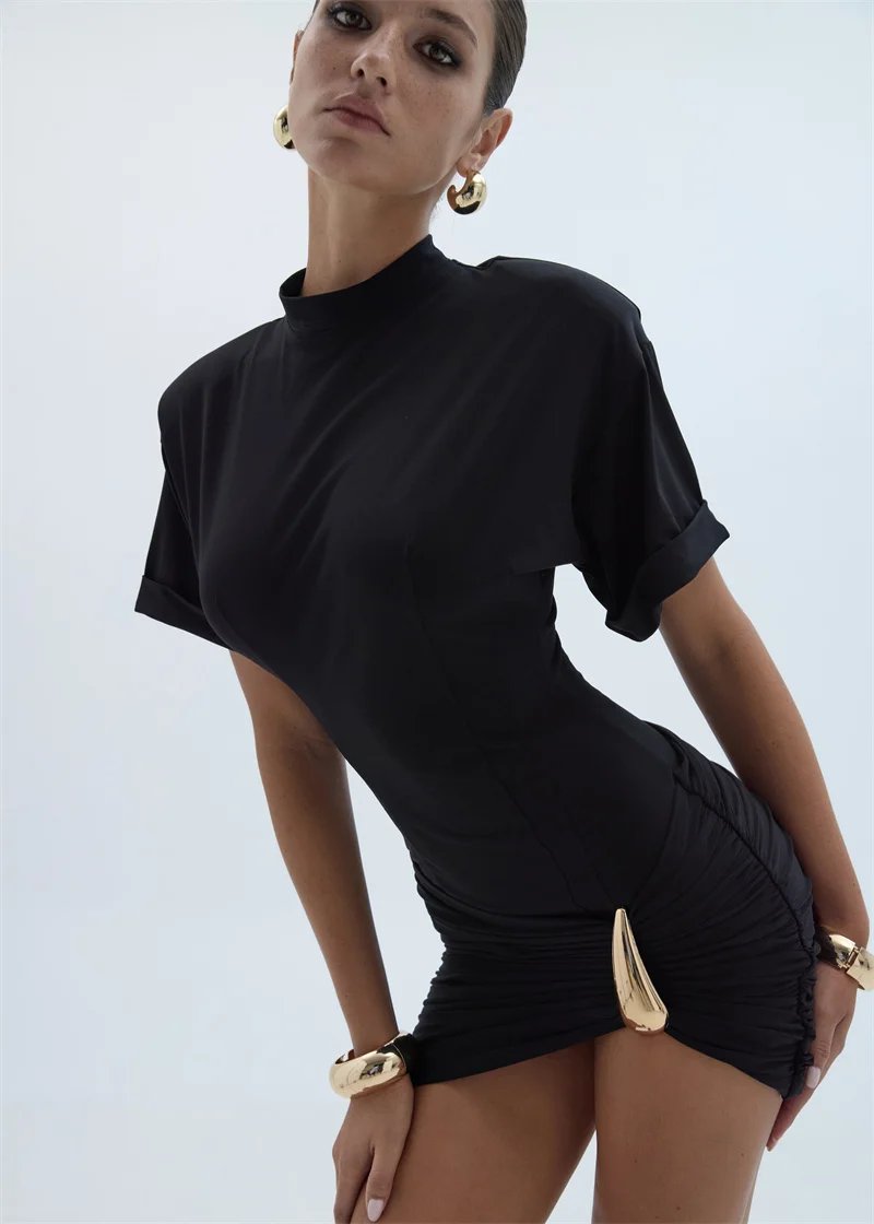 Victoria's Vogue Short Sleeve Ruched Sexy Mini Dress Women Elegant Black Metal Buckle Half High Neck High Waist Bodycon Club Dress Victoria's Vogue Short Sleeve Ruched Sexy Mini Dress Women Elegant Black Metal Buckle Half High Neck High Waist Bodycon Club Dress