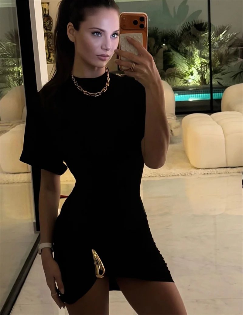 Victoria's Vogue Short Sleeve Ruched Sexy Mini Dress Women Elegant Black Metal Buckle Half High Neck High Waist Bodycon Club Dress Victoria's Vogue Short Sleeve Ruched Sexy Mini Dress Women Elegant Black Metal Buckle Half High Neck High Waist Bodycon Club Dress
