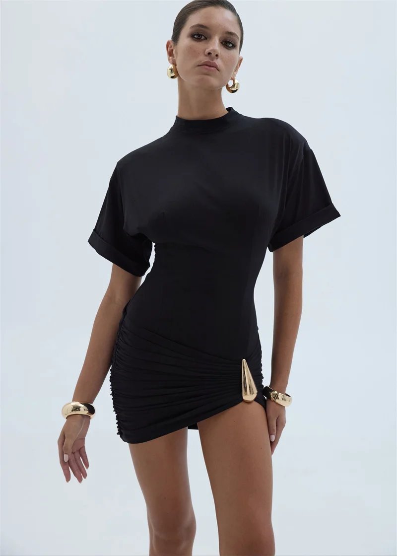 Victoria's Vogue Short Sleeve Ruched Sexy Mini Dress Women Elegant Black Metal Buckle Half High Neck High Waist Bodycon Club Dress Victoria's Vogue Short Sleeve Ruched Sexy Mini Dress Women Elegant Black Metal Buckle Half High Neck High Waist Bodycon Club Dress