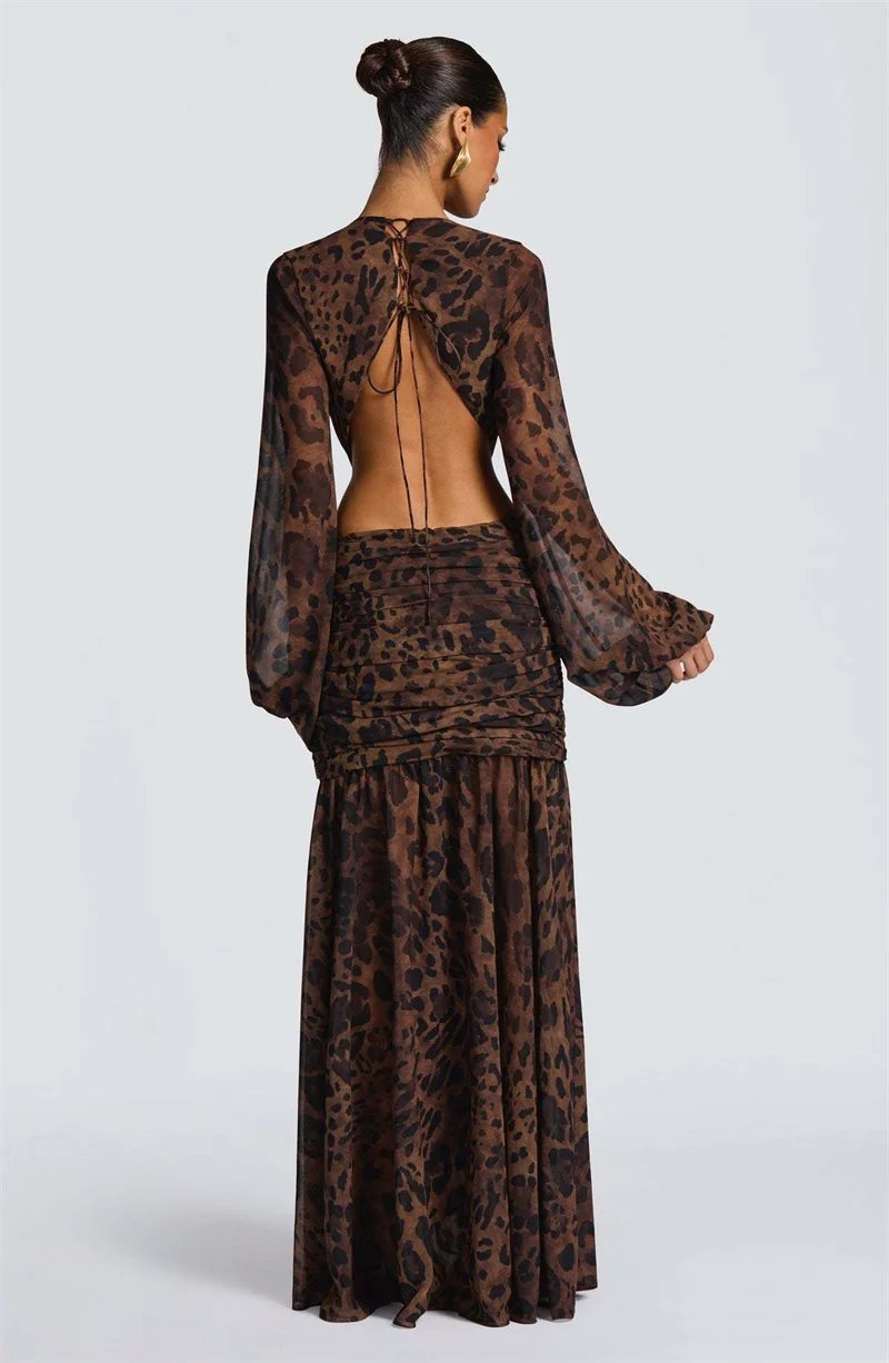 Victoria's Vogue Leopard Print Long Sleeve Sexy Maxi Dress Women Fashion Hollow Out Backless Draped Ruched Bodycon Club Party Long Dress Victoria's Vogue Leopard Print Long Sleeve Sexy Maxi Dress Women Fashion Hollow Out Backless Draped Ruched Bodycon Club Party Long Dress