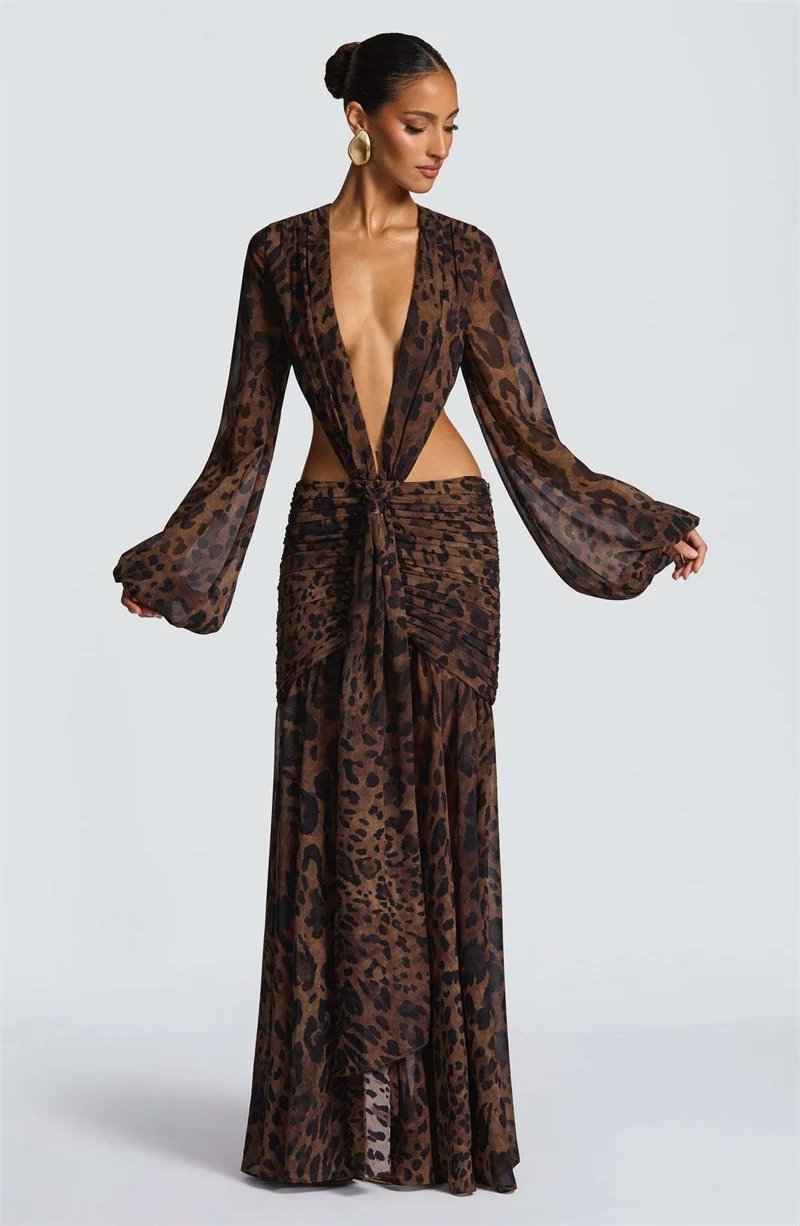 Victoria's Vogue Leopard Print Long Sleeve Sexy Maxi Dress Women Fashion Hollow Out Backless Draped Ruched Bodycon Club Party Long Dress Victoria's Vogue Leopard Print Long Sleeve Sexy Maxi Dress Women Fashion Hollow Out Backless Draped Ruched Bodycon Club Party Long Dress
