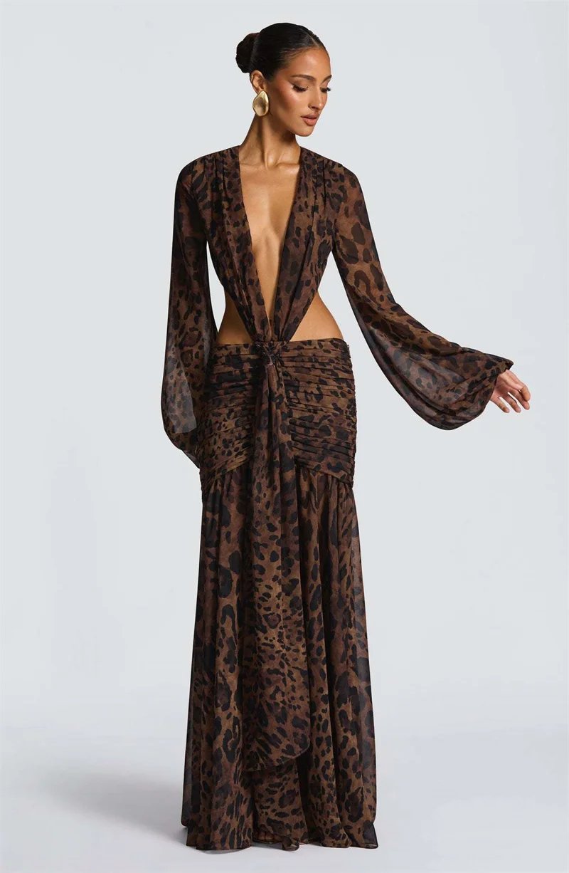 Victoria's Vogue Leopard Print Long Sleeve Sexy Maxi Dress Women Fashion Hollow Out Backless Draped Ruched Bodycon Club Party Long Dress Victoria's Vogue Leopard Print Long Sleeve Sexy Maxi Dress Women Fashion Hollow Out Backless Draped Ruched Bodycon Club Party Long Dress