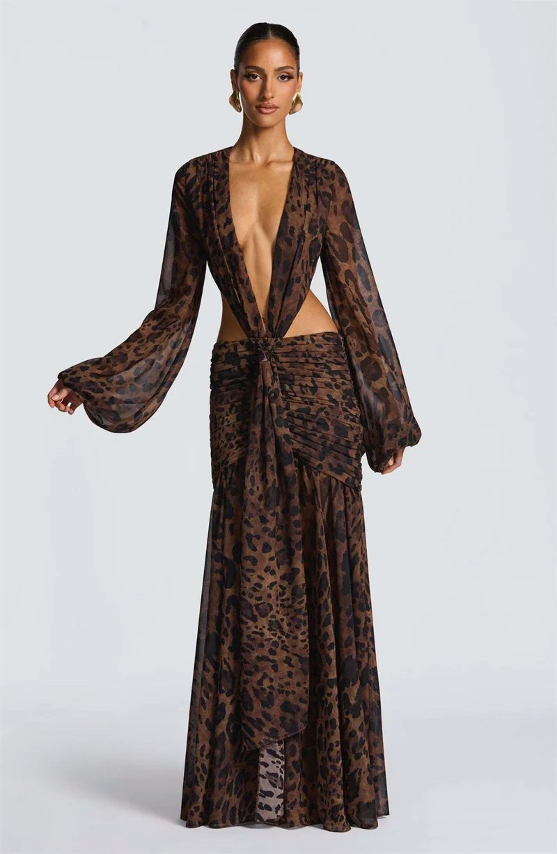 Victoria's Vogue Leopard Print Long Sleeve Sexy Maxi Dress Women Fashion Hollow Out Backless Draped Ruched Bodycon Club Party Long Dress Victoria's Vogue Leopard Print Long Sleeve Sexy Maxi Dress Women Fashion Hollow Out Backless Draped Ruched Bodycon Club Party Long Dress