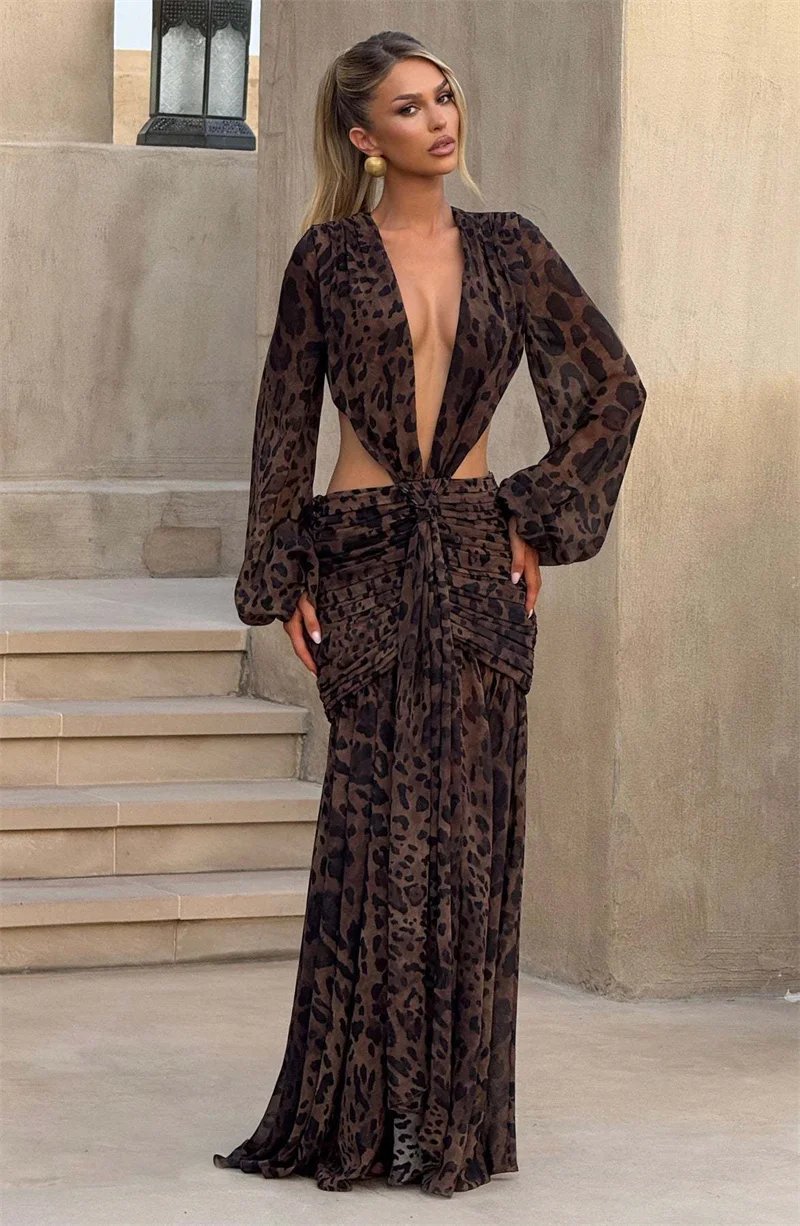 Victoria's Vogue Leopard Print Long Sleeve Sexy Maxi Dress Women Fashion Hollow Out Backless Draped Ruched Bodycon Club Party Long Dress Victoria's Vogue Leopard Print Long Sleeve Sexy Maxi Dress Women Fashion Hollow Out Backless Draped Ruched Bodycon Club Party Long Dress
