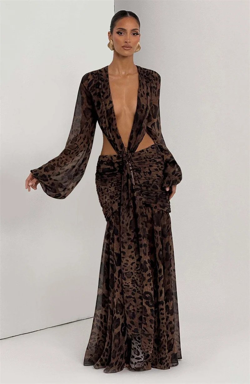 Victoria's Vogue Leopard Print Long Sleeve Sexy Maxi Dress Women Fashion Hollow Out Backless Draped Ruched Bodycon Club Party Long Dress Victoria's Vogue Leopard Print Long Sleeve Sexy Maxi Dress Women Fashion Hollow Out Backless Draped Ruched Bodycon Club Party Long Dress