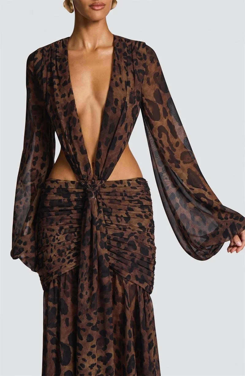 Victoria's Vogue Leopard Print Long Sleeve Sexy Maxi Dress Women Fashion Hollow Out Backless Draped Ruched Bodycon Club Party Long Dress Victoria's Vogue Leopard Print Long Sleeve Sexy Maxi Dress Women Fashion Hollow Out Backless Draped Ruched Bodycon Club Party Long Dress