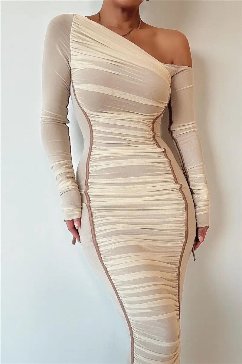 Victoria's Vogue Diagonal Collar Long Sleeve Midi Dress For Women Two Layer Mesh Backless Ruched Bodycon Club Party Sexy Long Dress Victoria's Vogue Diagonal Collar Long Sleeve Midi Dress For Women Two Layer Mesh Backless Ruched Bodycon Club Party Sexy Long Dress