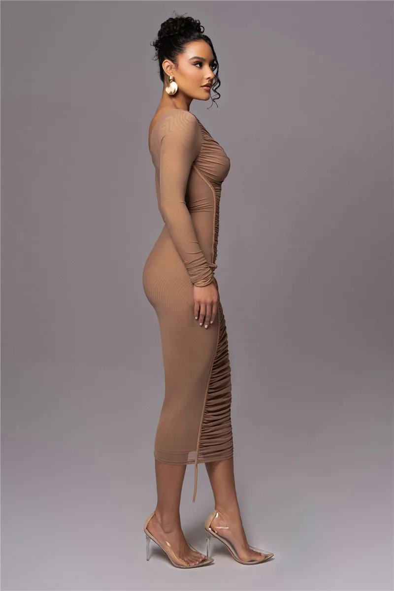 Victoria's Vogue Diagonal Collar Long Sleeve Midi Dress For Women Two Layer Mesh Backless Ruched Bodycon Club Party Sexy Long Dress Victoria's Vogue Diagonal Collar Long Sleeve Midi Dress For Women Two Layer Mesh Backless Ruched Bodycon Club Party Sexy Long Dress