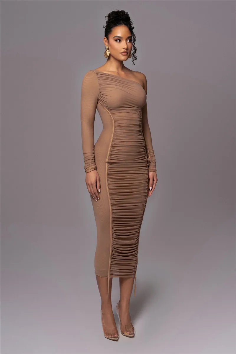Victoria's Vogue Diagonal Collar Long Sleeve Midi Dress For Women Two Layer Mesh Backless Ruched Bodycon Club Party Sexy Long Dress Victoria's Vogue Diagonal Collar Long Sleeve Midi Dress For Women Two Layer Mesh Backless Ruched Bodycon Club Party Sexy Long Dress