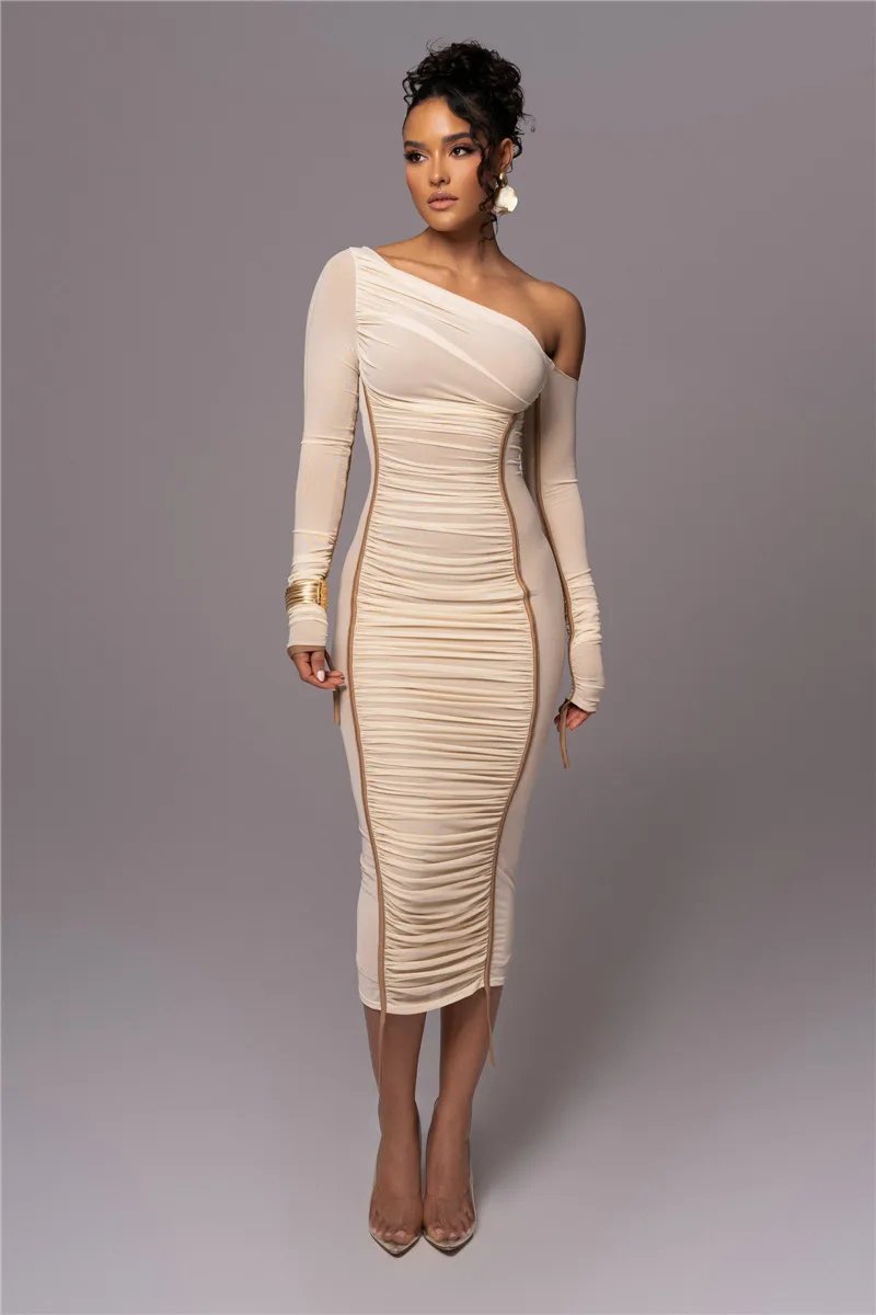 Victoria's Vogue Diagonal Collar Long Sleeve Midi Dress For Women Two Layer Mesh Backless Ruched Bodycon Club Party Sexy Long Dress Victoria's Vogue Diagonal Collar Long Sleeve Midi Dress For Women Two Layer Mesh Backless Ruched Bodycon Club Party Sexy Long Dress