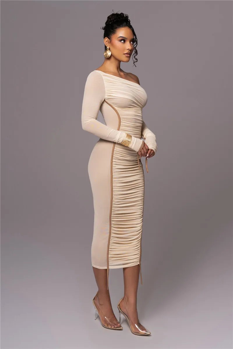 Victoria's Vogue Diagonal Collar Long Sleeve Midi Dress For Women Two Layer Mesh Backless Ruched Bodycon Club Party Sexy Long Dress Victoria's Vogue Diagonal Collar Long Sleeve Midi Dress For Women Two Layer Mesh Backless Ruched Bodycon Club Party Sexy Long Dress