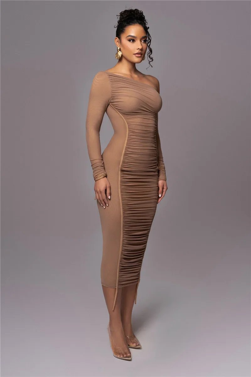 Victoria's Vogue Diagonal Collar Long Sleeve Midi Dress For Women Two Layer Mesh Backless Ruched Bodycon Club Party Sexy Long Dress Victoria's Vogue Diagonal Collar Long Sleeve Midi Dress For Women Two Layer Mesh Backless Ruched Bodycon Club Party Sexy Long Dress