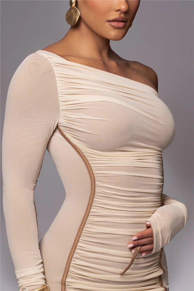 Victoria's Vogue Diagonal Collar Long Sleeve Midi Dress For Women Two Layer Mesh Backless Ruched Bodycon Club Party Sexy Long Dress Victoria's Vogue Diagonal Collar Long Sleeve Midi Dress For Women Two Layer Mesh Backless Ruched Bodycon Club Party Sexy Long Dress