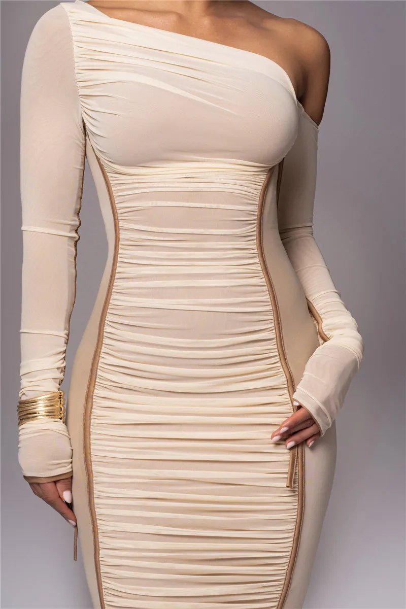 Victoria's Vogue Diagonal Collar Long Sleeve Midi Dress For Women Two Layer Mesh Backless Ruched Bodycon Club Party Sexy Long Dress Victoria's Vogue Diagonal Collar Long Sleeve Midi Dress For Women Two Layer Mesh Backless Ruched Bodycon Club Party Sexy Long Dress
