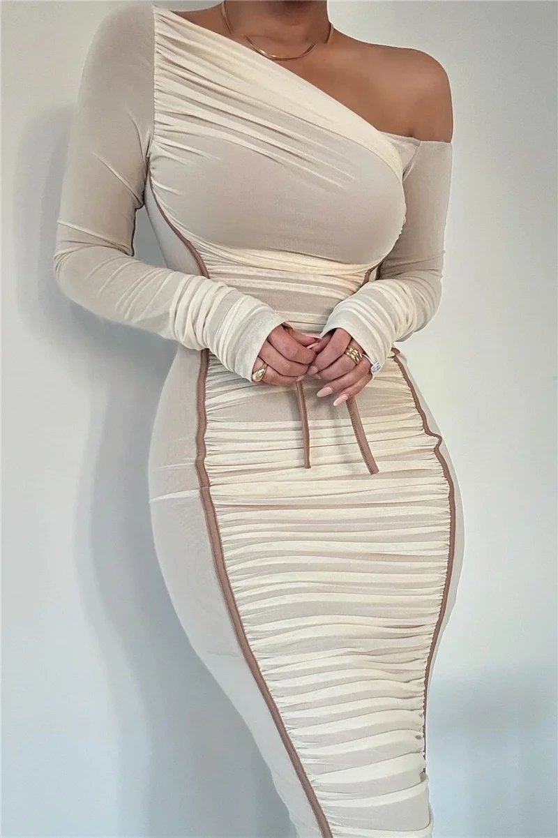 Victoria's Vogue Diagonal Collar Long Sleeve Midi Dress For Women Two Layer Mesh Backless Ruched Bodycon Club Party Sexy Long Dress Victoria's Vogue Diagonal Collar Long Sleeve Midi Dress For Women Two Layer Mesh Backless Ruched Bodycon Club Party Sexy Long Dress