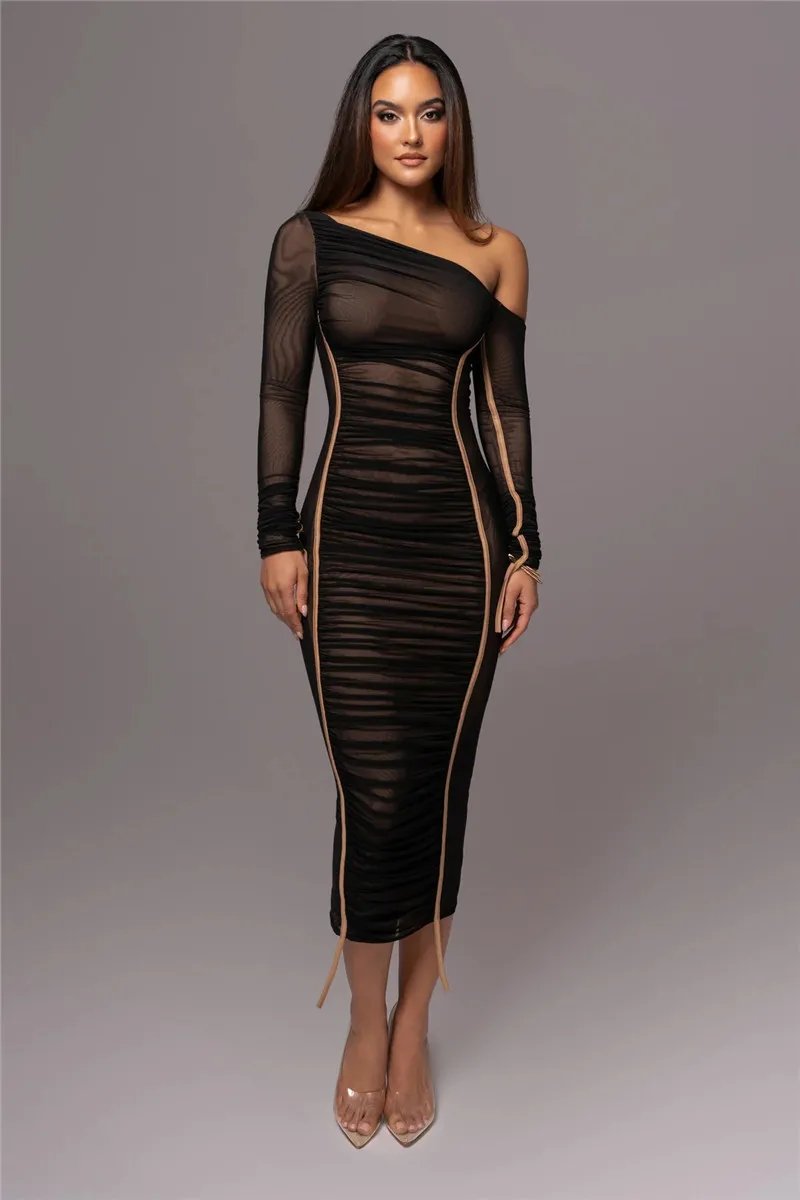 Victoria's Vogue Diagonal Collar Long Sleeve Midi Dress For Women Two Layer Mesh Backless Ruched Bodycon Club Party Sexy Long Dress Victoria's Vogue Diagonal Collar Long Sleeve Midi Dress For Women Two Layer Mesh Backless Ruched Bodycon Club Party Sexy Long Dress
