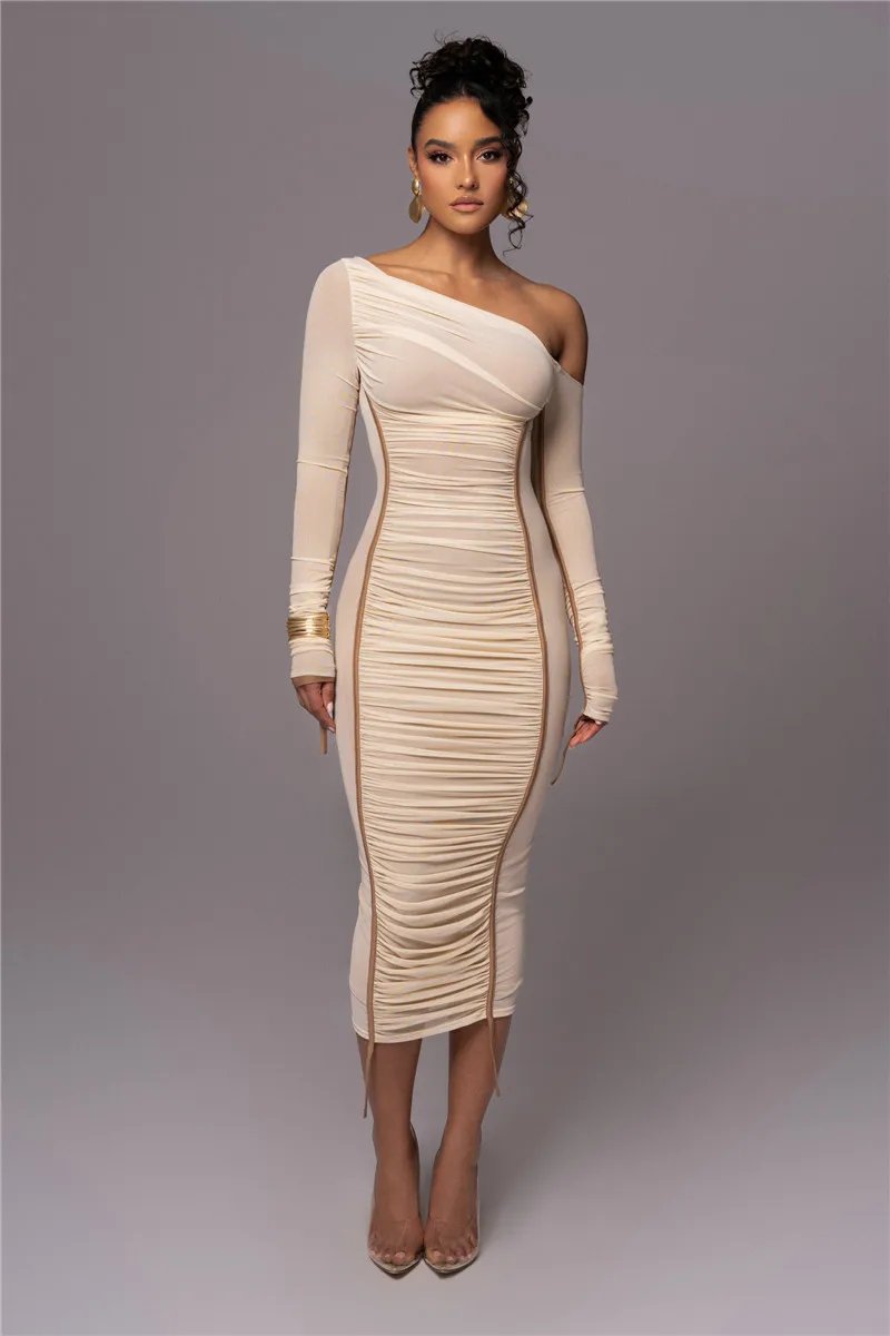 Victoria's Vogue Diagonal Collar Long Sleeve Midi Dress For Women Two Layer Mesh Backless Ruched Bodycon Club Party Sexy Long Dress Victoria's Vogue Diagonal Collar Long Sleeve Midi Dress For Women Two Layer Mesh Backless Ruched Bodycon Club Party Sexy Long Dress