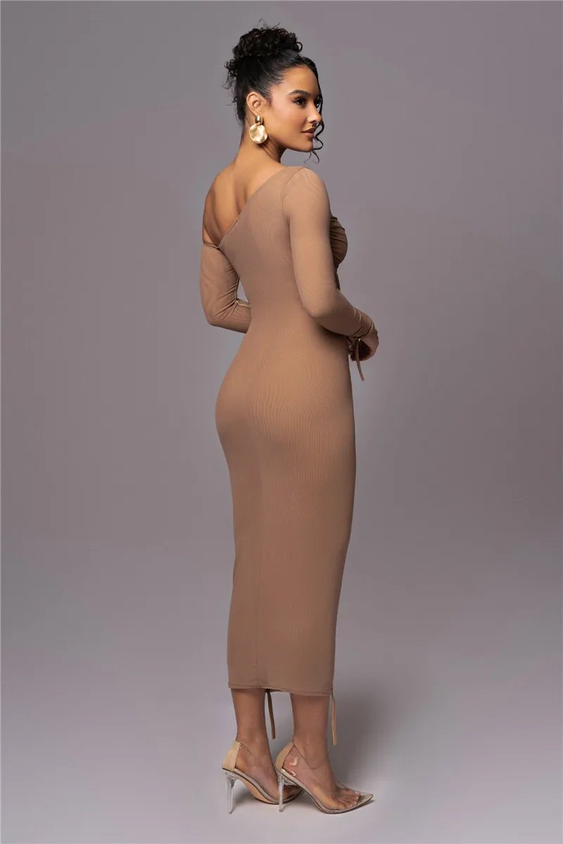 Victoria's Vogue Diagonal Collar Long Sleeve Midi Dress For Women Two Layer Mesh Backless Ruched Bodycon Club Party Sexy Long Dress Victoria's Vogue Diagonal Collar Long Sleeve Midi Dress For Women Two Layer Mesh Backless Ruched Bodycon Club Party Sexy Long Dress