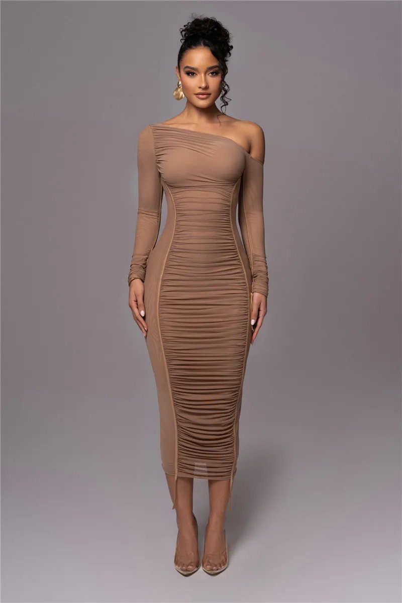 Victoria's Vogue Diagonal Collar Long Sleeve Midi Dress For Women Two Layer Mesh Backless Ruched Bodycon Club Party Sexy Long Dress Victoria's Vogue Diagonal Collar Long Sleeve Midi Dress For Women Two Layer Mesh Backless Ruched Bodycon Club Party Sexy Long Dress