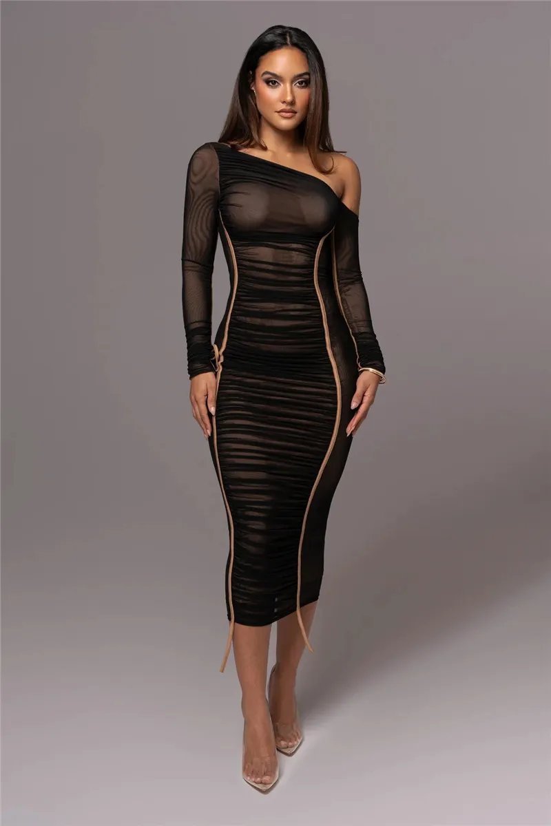 Victoria's Vogue Diagonal Collar Long Sleeve Midi Dress For Women Two Layer Mesh Backless Ruched Bodycon Club Party Sexy Long Dress Victoria's Vogue Diagonal Collar Long Sleeve Midi Dress For Women Two Layer Mesh Backless Ruched Bodycon Club Party Sexy Long Dress