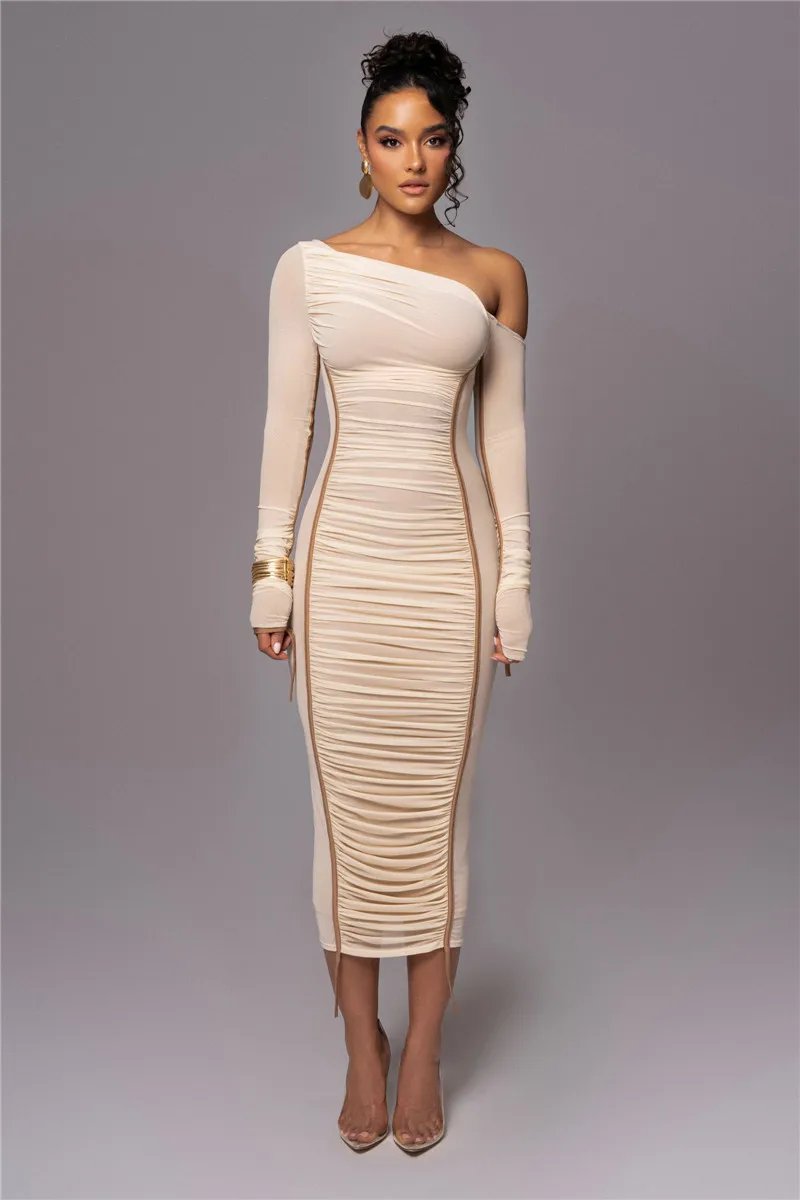 Victoria's Vogue Diagonal Collar Long Sleeve Midi Dress For Women Two Layer Mesh Backless Ruched Bodycon Club Party Sexy Long Dress Victoria's Vogue Diagonal Collar Long Sleeve Midi Dress For Women Two Layer Mesh Backless Ruched Bodycon Club Party Sexy Long Dress