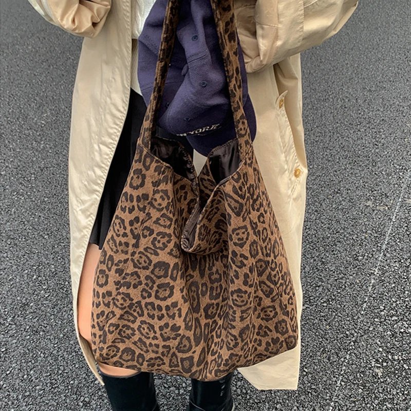 Victoria's Vogue Vintage Leopard Women's Suede Tote Shoulder Bags Fashion Large Capacity Female Travel Handbags Portable Purse Shopping Bags