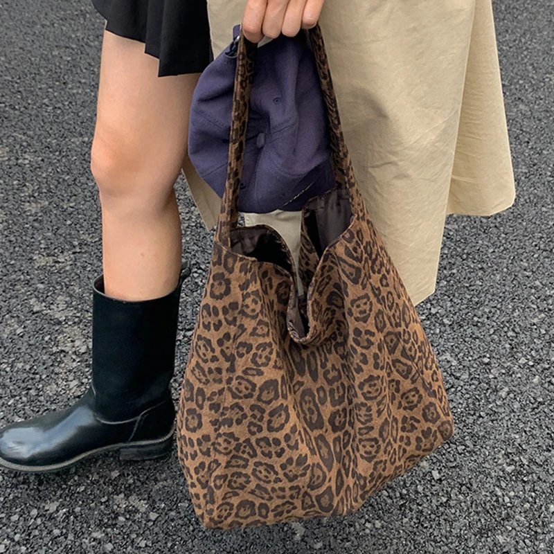 Victoria's Vogue Vintage Leopard Women's Suede Tote Shoulder Bags Fashion Large Capacity Female Travel Handbags Portable Purse Shopping Bags