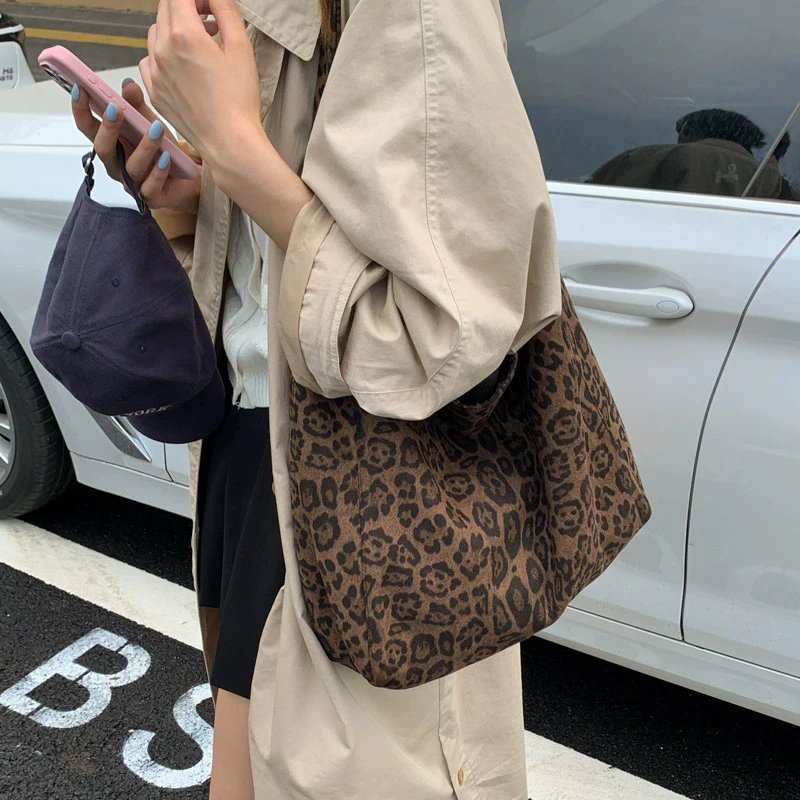 Victoria's Vogue Vintage Leopard Women's Suede Tote Shoulder Bags Fashion Large Capacity Female Travel Handbags Portable Purse Shopping Bags