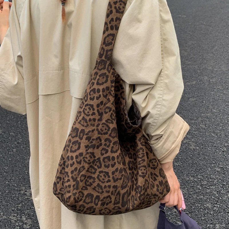 Victoria's Vogue Vintage Leopard Women's Suede Tote Shoulder Bags Fashion Large Capacity Female Travel Handbags Portable Purse Shopping Bags
