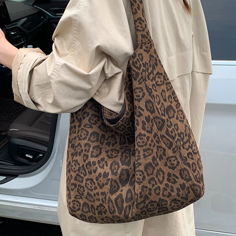 Victoria's Vogue Vintage Leopard Women's Suede Tote Shoulder Bags Fashion Large Capacity Female Travel Handbags Portable Purse Shopping Bags