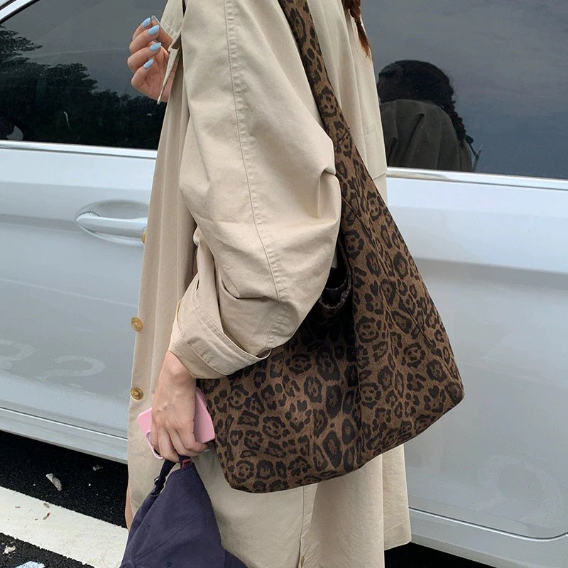 Victoria's Vogue Vintage Leopard Women's Suede Tote Shoulder Bags Fashion Large Capacity Female Travel Handbags Portable Purse Shopping Bags