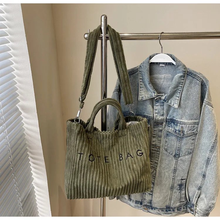 Victoria's Vogue Large Capacity Striped Velvet Handbag Shoulder Bag for Woman Handbags Crossbody Bags, Versatile Letter Corduroy Women's Tote Bag