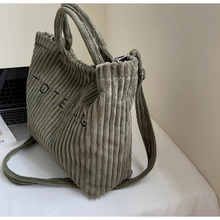 Victoria's Vogue Large Capacity Striped Velvet Handbag Shoulder Bag for Woman Handbags Crossbody Bags, Versatile Letter Corduroy Women's Tote Bag