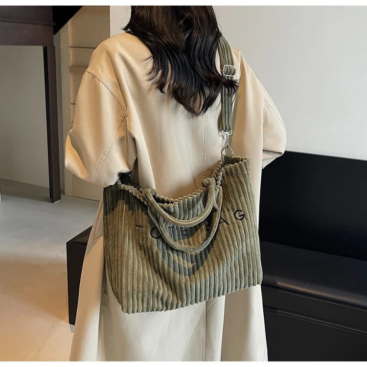 Victoria's Vogue Large Capacity Striped Velvet Handbag Shoulder Bag for Woman Handbags Crossbody Bags, Versatile Letter Corduroy Women's Tote Bag