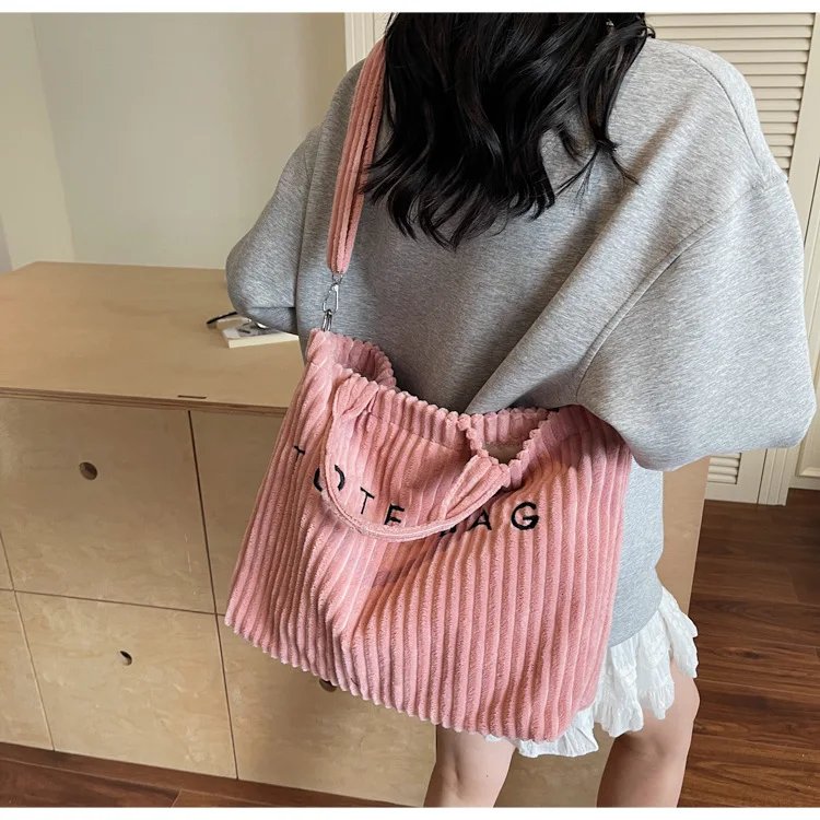 Victoria's Vogue Large Capacity Striped Velvet Handbag Shoulder Bag for Woman Handbags Crossbody Bags, Versatile Letter Corduroy Women's Tote Bag