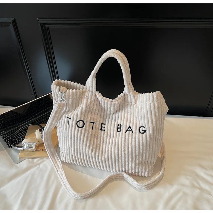 Victoria's Vogue Large Capacity Striped Velvet Handbag Shoulder Bag for Woman Handbags Crossbody Bags, Versatile Letter Corduroy Women's Tote Bag
