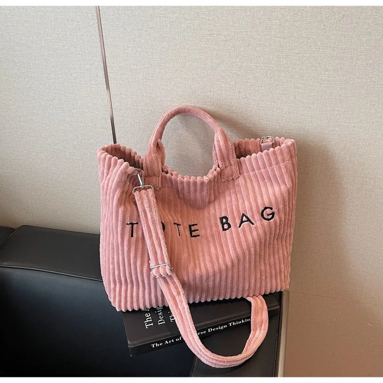 Victoria's Vogue Large Capacity Striped Velvet Handbag Shoulder Bag for Woman Handbags Crossbody Bags, Versatile Letter Corduroy Women's Tote Bag