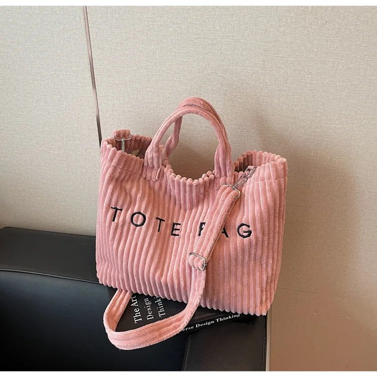 Victoria's Vogue Large Capacity Striped Velvet Handbag Shoulder Bag for Woman Handbags Crossbody Bags, Versatile Letter Corduroy Women's Tote Bag