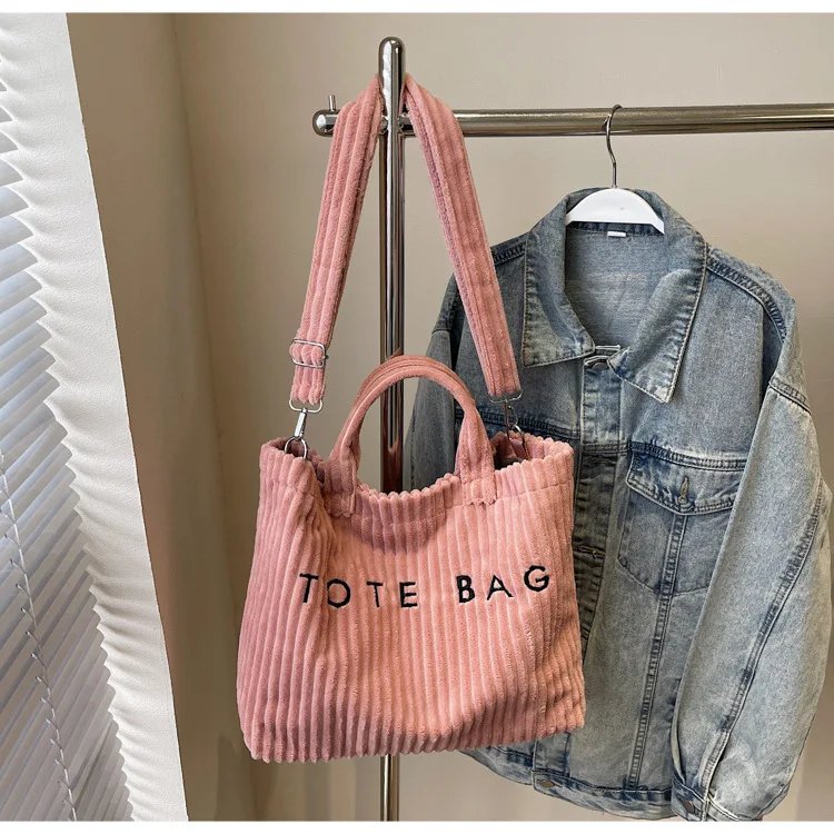 Victoria's Vogue Large Capacity Striped Velvet Handbag Shoulder Bag for Woman Handbags Crossbody Bags, Versatile Letter Corduroy Women's Tote Bag