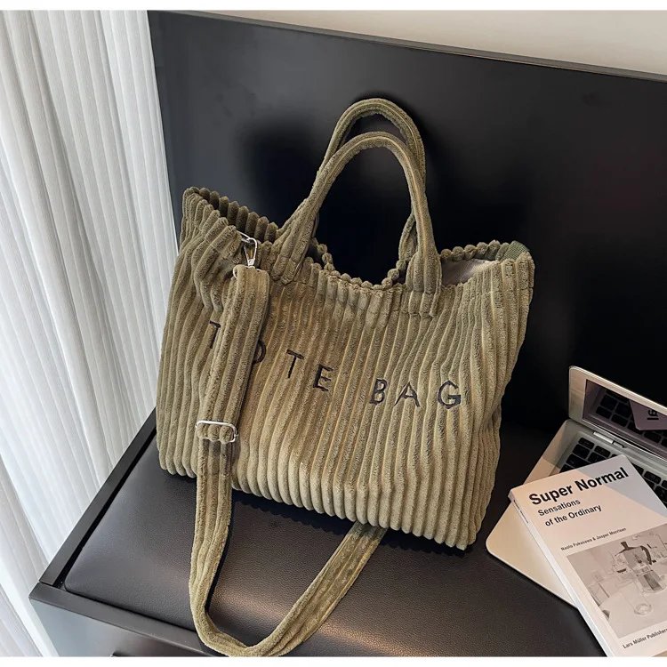 Victoria's Vogue Large Capacity Striped Velvet Handbag Shoulder Bag for Woman Handbags Crossbody Bags, Versatile Letter Corduroy Women's Tote Bag