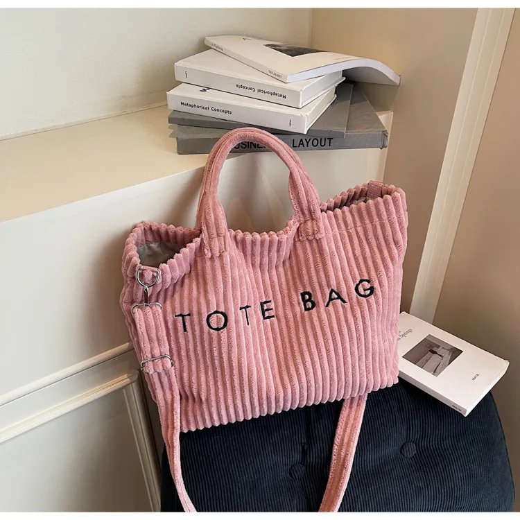 Victoria's Vogue Large Capacity Striped Velvet Handbag Shoulder Bag for Woman Handbags Crossbody Bags, Versatile Letter Corduroy Women's Tote Bag