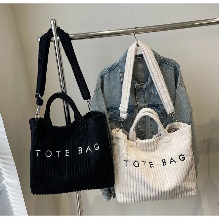 Victoria's Vogue Large Capacity Striped Velvet Handbag Shoulder Bag for Woman Handbags Crossbody Bags, Versatile Letter Corduroy Women's Tote Bag