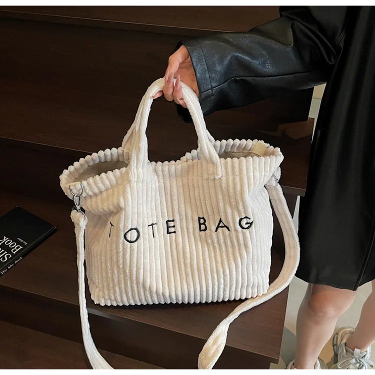 Victoria's Vogue Large Capacity Striped Velvet Handbag Shoulder Bag for Woman Handbags Crossbody Bags, Versatile Letter Corduroy Women's Tote Bag