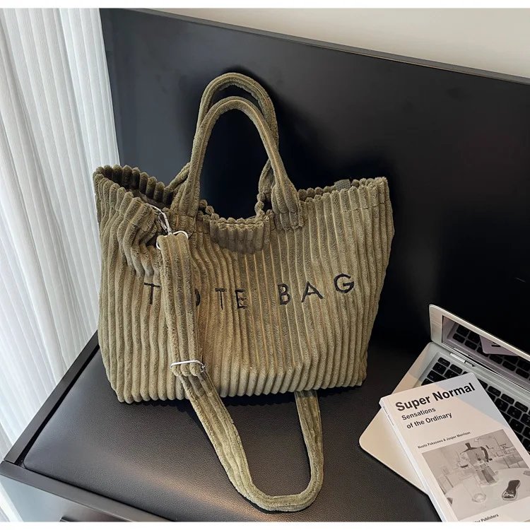 Victoria's Vogue Large Capacity Striped Velvet Handbag Shoulder Bag for Woman Handbags Crossbody Bags, Versatile Letter Corduroy Women's Tote Bag