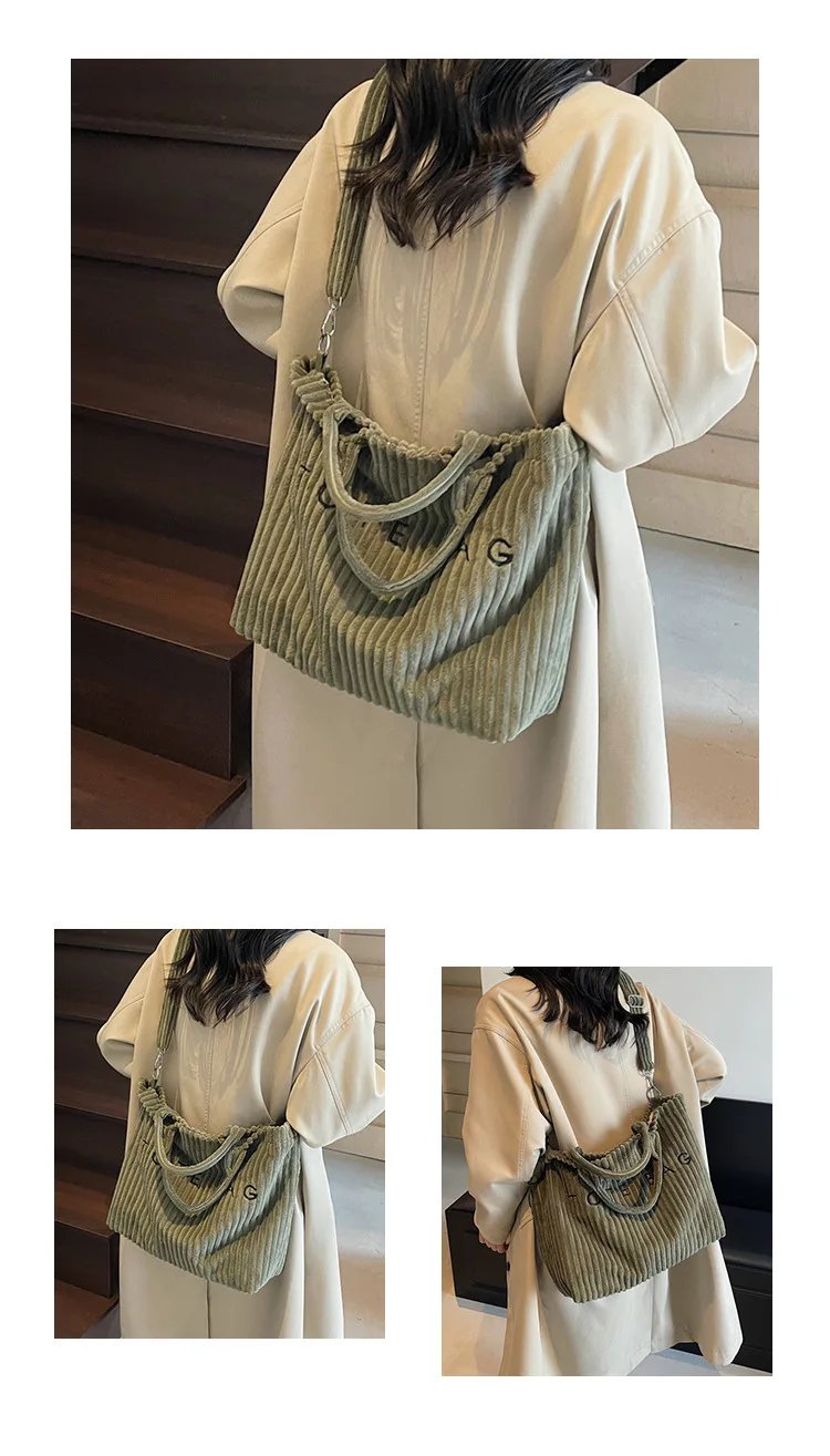 Victoria's Vogue Large Capacity Striped Velvet Handbag Shoulder Bag for Woman Handbags Crossbody Bags, Versatile Letter Corduroy Women's Tote Bag