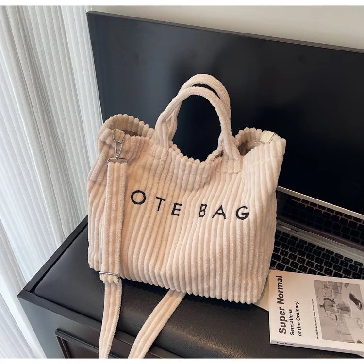 Victoria's Vogue Large Capacity Striped Velvet Handbag Shoulder Bag for Woman Handbags Crossbody Bags, Versatile Letter Corduroy Women's Tote Bag