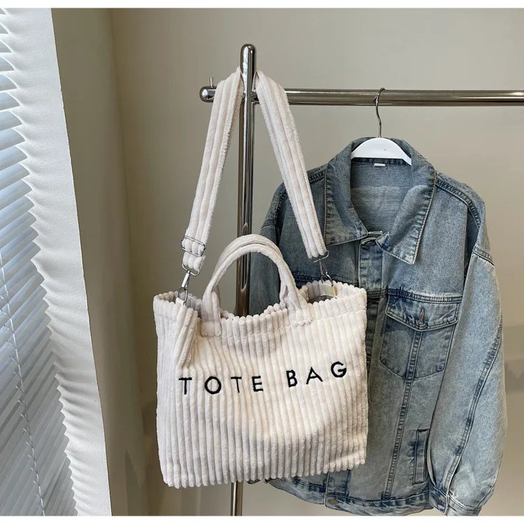 Victoria's Vogue Large Capacity Striped Velvet Handbag Shoulder Bag for Woman Handbags Crossbody Bags, Versatile Letter Corduroy Women's Tote Bag