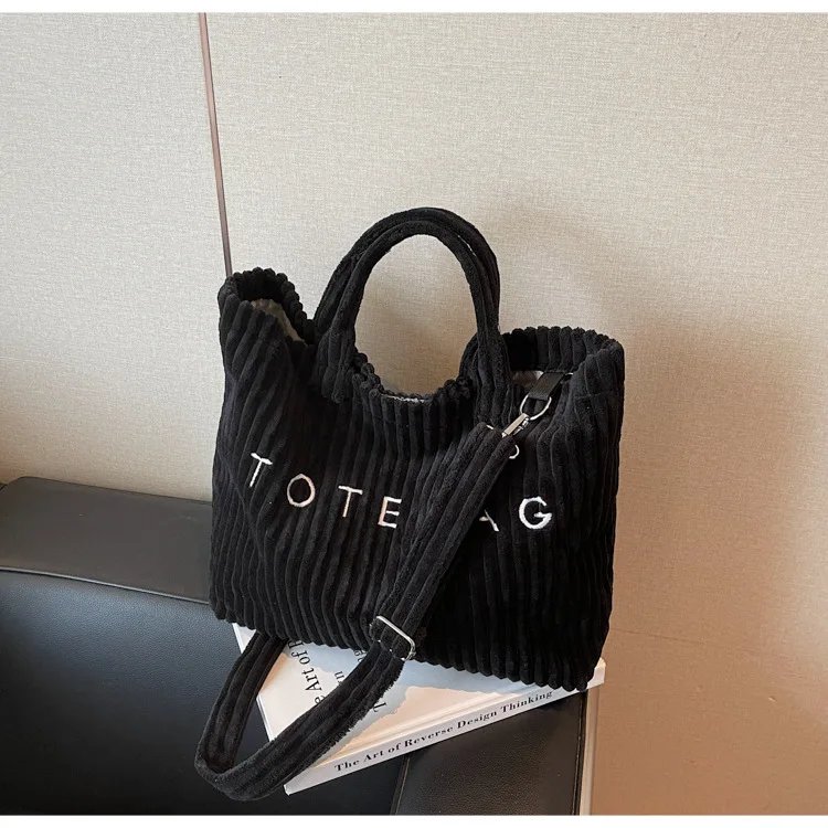 Victoria's Vogue Large Capacity Striped Velvet Handbag Shoulder Bag for Woman Handbags Crossbody Bags, Versatile Letter Corduroy Women's Tote Bag