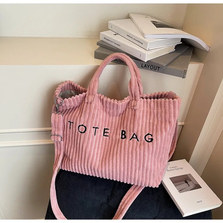 Victoria's Vogue Large Capacity Striped Velvet Handbag Shoulder Bag for Woman Handbags Crossbody Bags, Versatile Letter Corduroy Women's Tote Bag